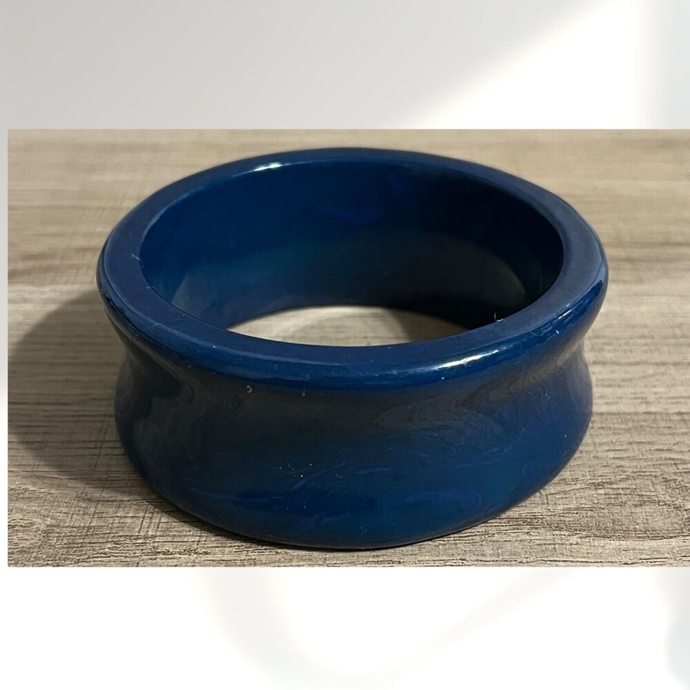 Vintage Plastic Bracelet Blue Bangle Heavy Chunky Casual Jewelry 1.25" Wide